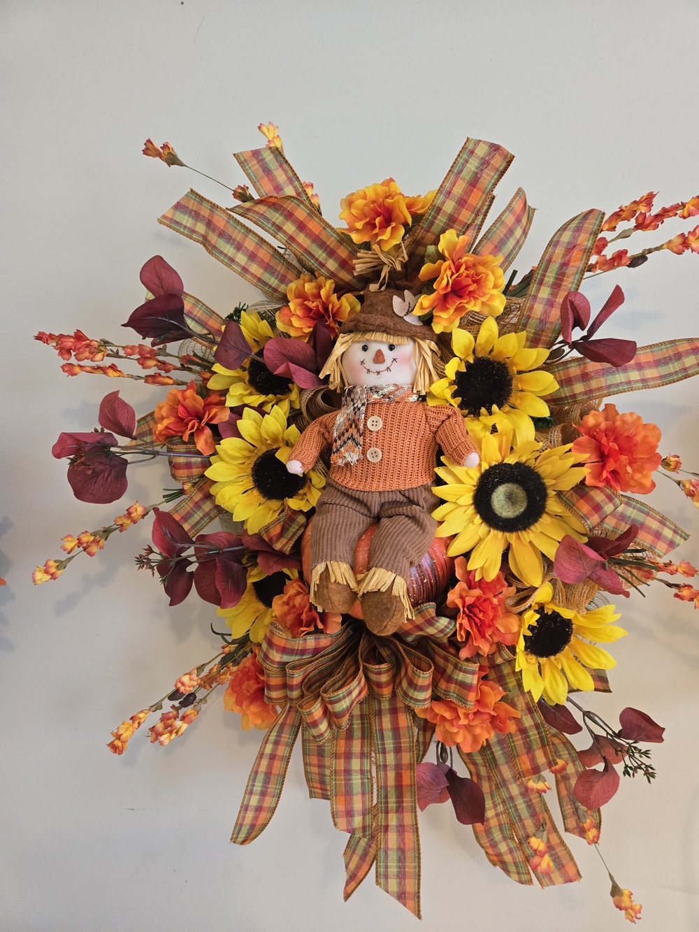 Autumn Sunflower Scarecrow Wreath - Yellow, Orange, Burgundy